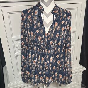 Eri & Ali Women's Navy Floral Long-Sleeve Blouse Size Large